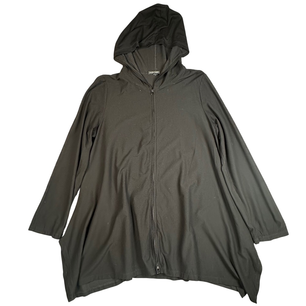 Eileen Fisher Hooded Zip Jacket Women's XL Black Viscose Stretch Minimalist Luxe